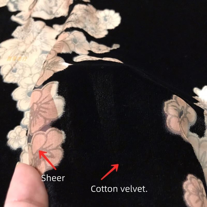 YELMEI - Flower Pattern on Black Background Semi-sheer with a Draping Effect Burnout Silk Velvet Satin Fabric - 114cm wide by the Yard