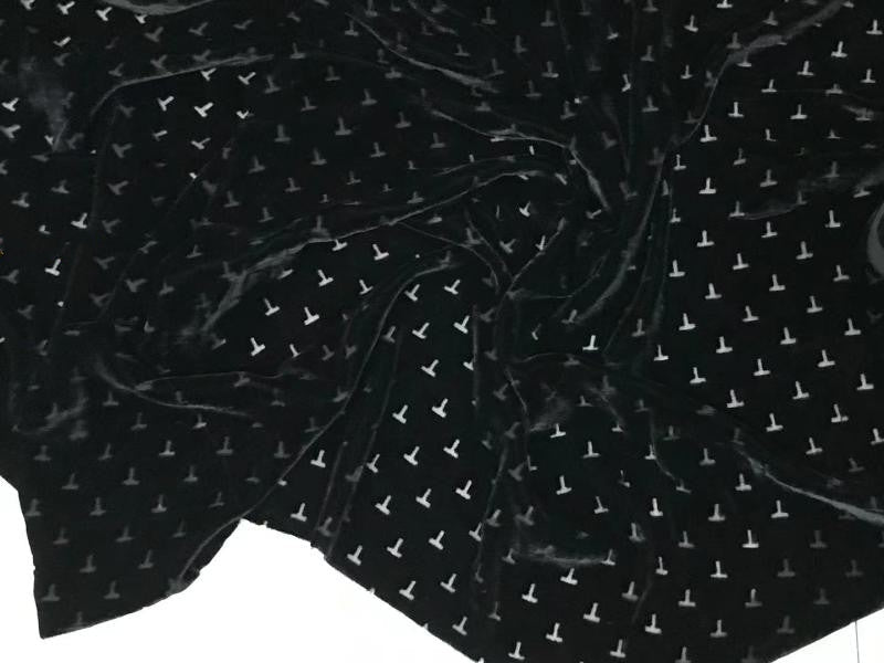 TZIWEN - Black Base with T-shaped Pattern and Semi-sheer with a Draping Effect Sheer Burnout Silk Velvet Satin Fabric - 140cm wide by the Yard
