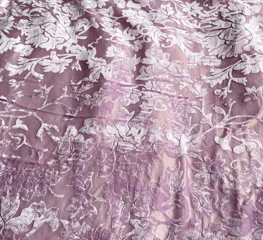 BVTFENZSE - Pinkpurple Floral Semi-Sheer Metallic Gold Burnout Silk Velvet Fabric - 140cm wide by the Yard