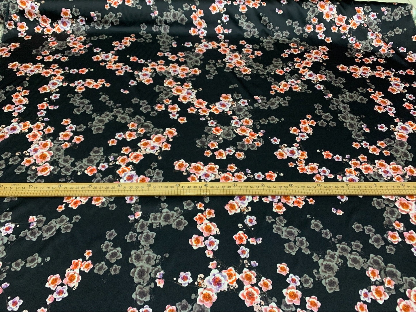 BLAMEI - 19 Momme Black Background Plum Blossom Pattern Digital Print Stretch Silk Satin Fabric - 108cm wide by the Yard