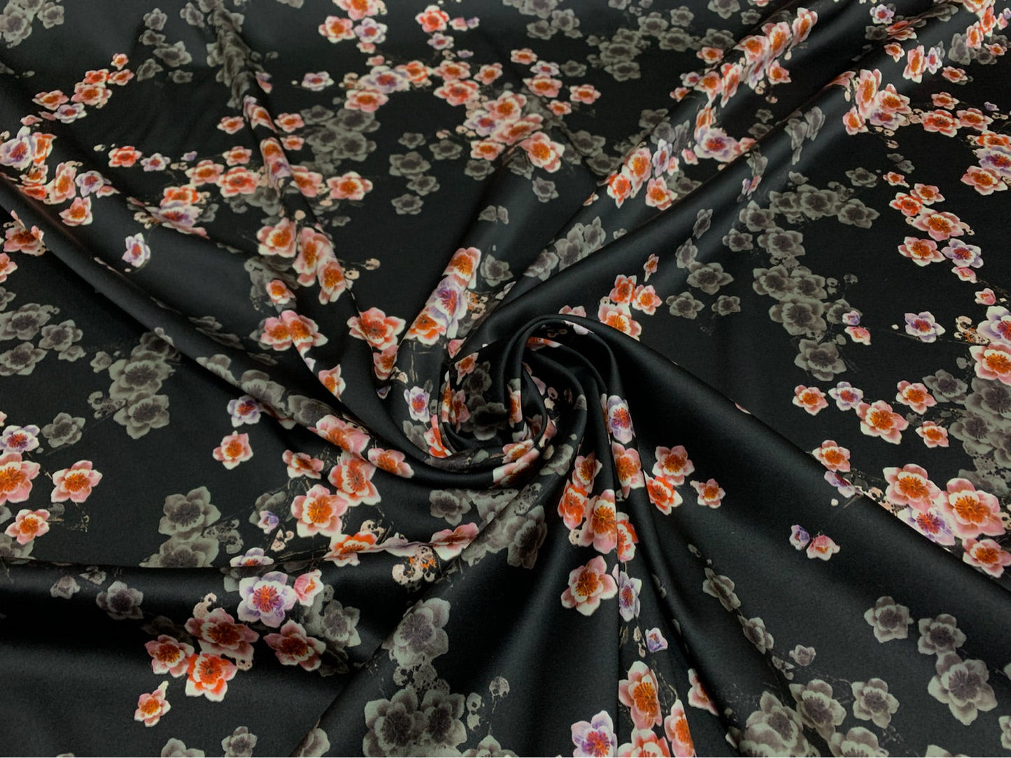 BLAMEI - 19 Momme Black Background Plum Blossom Pattern Digital Print Stretch Silk Satin Fabric - 108cm wide by the Yard