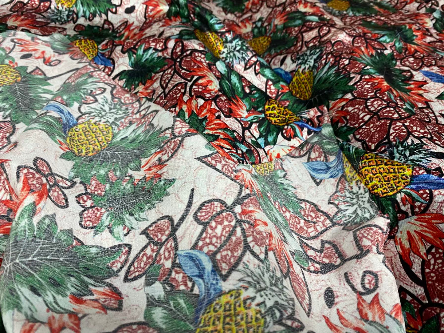 BOLUOY - 22 Momme Pineapple Romantic Floral Pattern Digital Print Stretch Silk Satin Fabric - 108cm wide by the Yard
