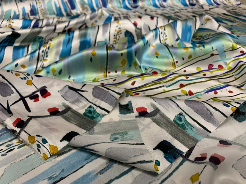 BOXIMI - 19 Momme Lines and Florals Pattern Digital Print Stretch Silk Satin Fabric - 140cm wide by the Yard