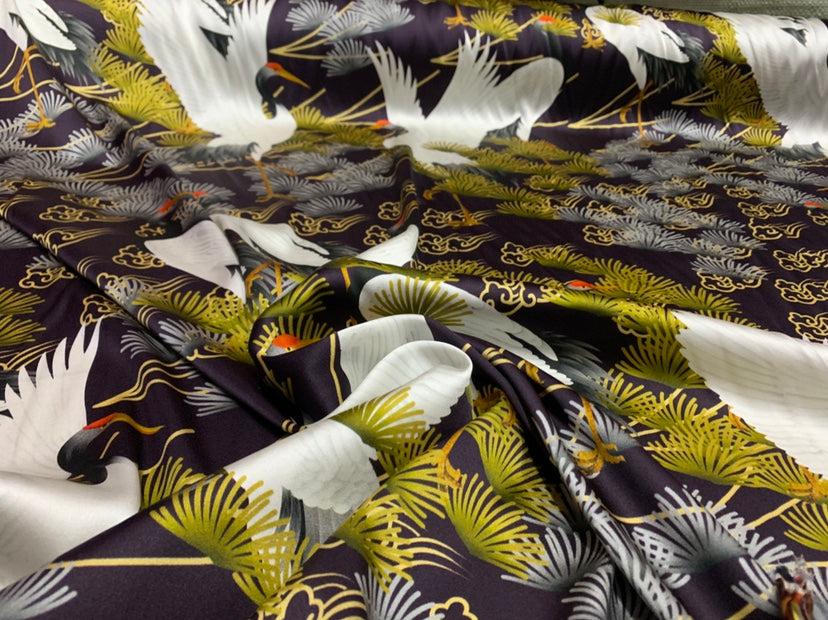 CHFENX - 19 Momme Beautiful Crane Pattern Digital Print Stretch Silk Satin Fabric - 140cm wide by the Yard