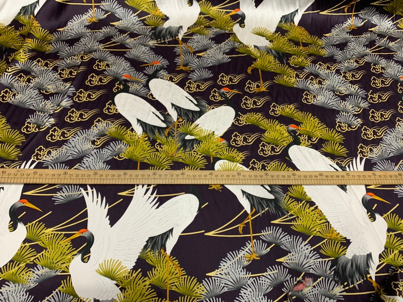 CHFENX - 19 Momme Beautiful Crane Pattern Digital Print Stretch Silk Satin Fabric - 140cm wide by the Yard