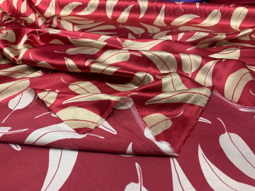 CHYEZX - 19 Momme Wine Red Background Leaves Pattern Digital Print Stretch Silk Satin Fabric - 140cm wide by the Yard