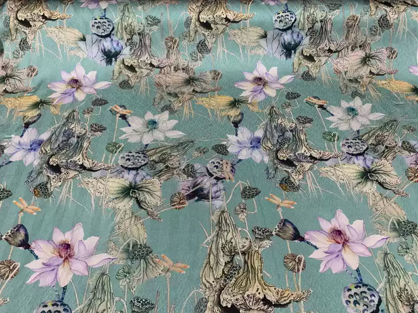 DANLVH - 19 Momme Flowers Pattern Digital Print Stretch Silk Satin Fabric - 108cm wide by the Yard
