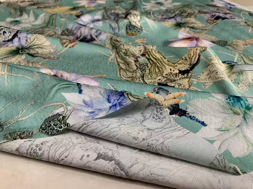 DANLVH - 19 Momme Flowers Pattern Digital Print Stretch Silk Satin Fabric - 108cm wide by the Yard