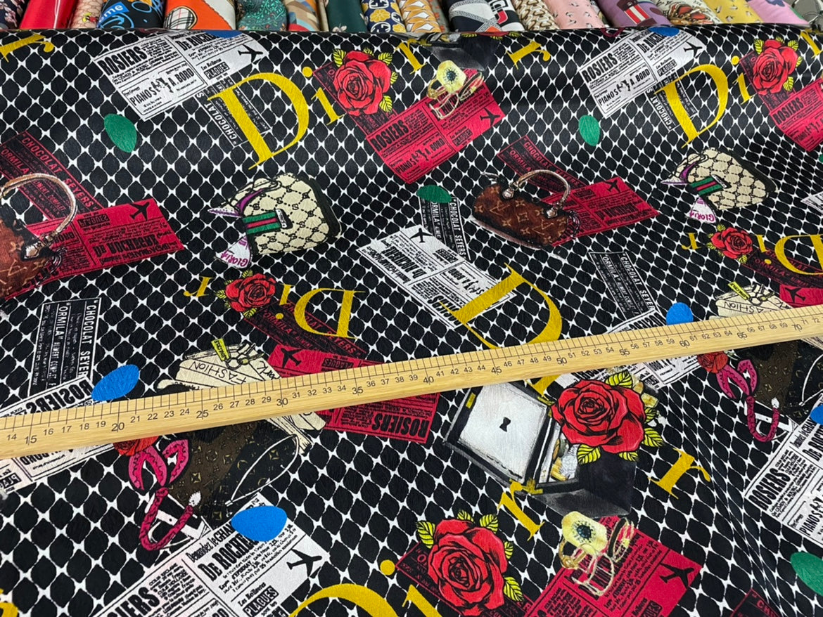 DIORHO - 19 Momme Retro Style Red letter D Pattern Digital Print Stretch Silk Satin Fabric - 108cm wide by the Yard