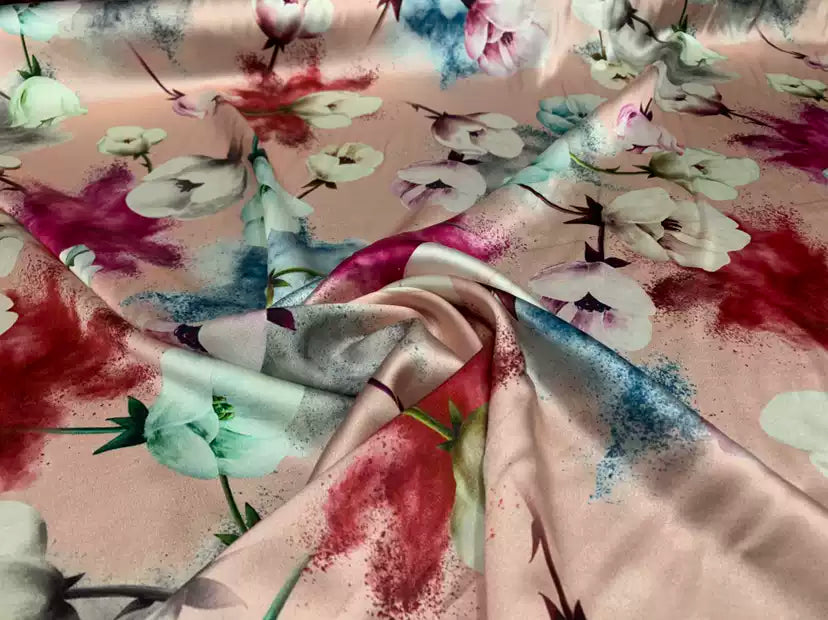 FENFON - 19 Momme Pink Background Flowers Pattern Digital Print Stretch Silk Satin Fabric - 108cm wide by the Yard