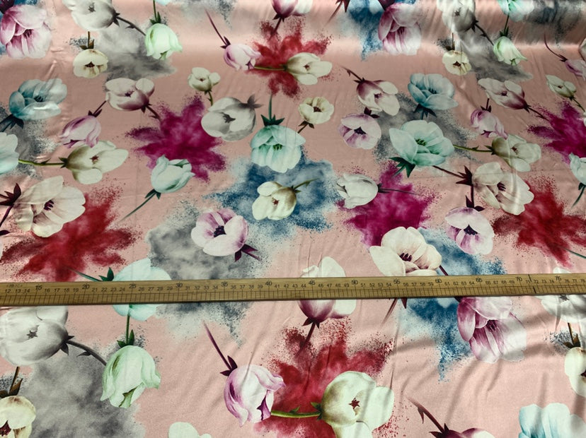 FENFON - 19 Momme Pink Background Flowers Pattern Digital Print Stretch Silk Satin Fabric - 108cm wide by the Yard