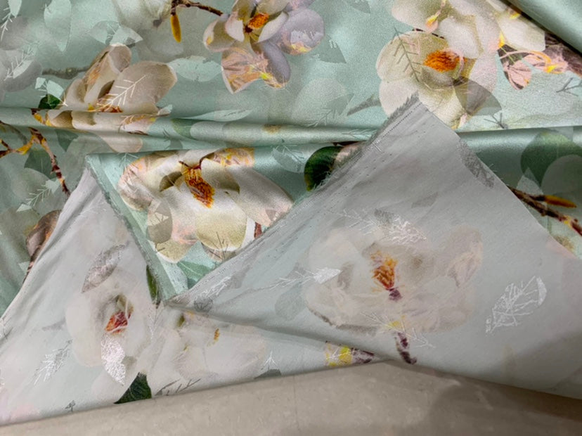 FORHUA - 19 Momme Flowers Pattern Digital Print Stretch Silk Satin Fabric - 140cm wide by the Yard