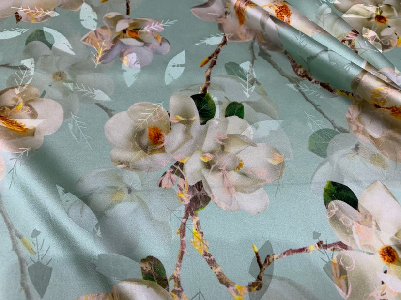 FORHUA - 19 Momme Flowers Pattern Digital Print Stretch Silk Satin Fabric - 140cm wide by the Yard