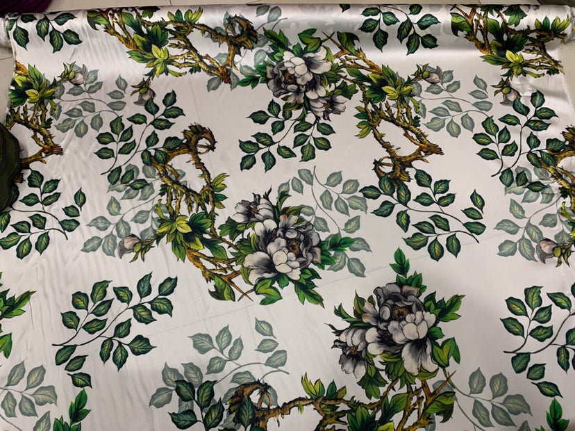 FUGUIS - 19 Momme Flowers and Foliage Pattern Digital Print Stretch Silk Satin Fabric - 108cm wide by the Yard