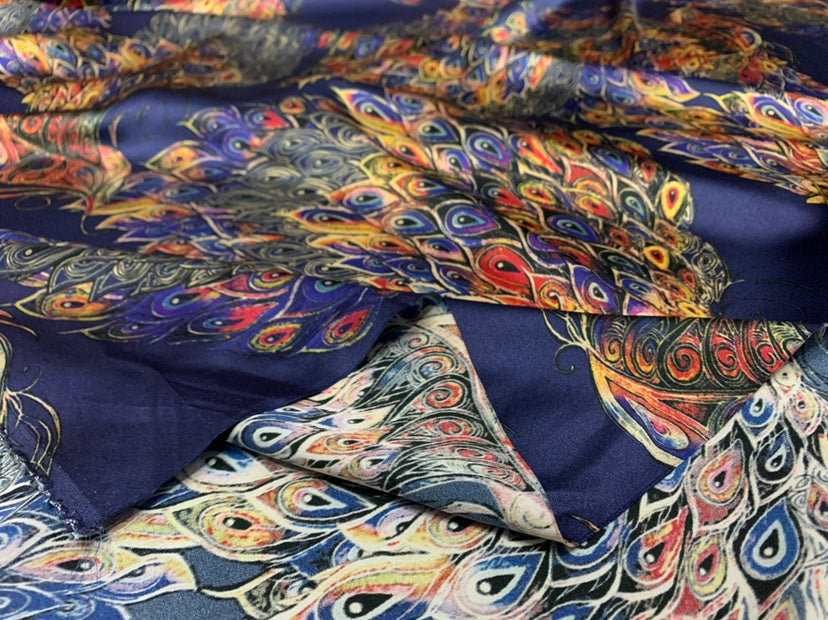 FUGUKQ - 19 Momme Beautiful Peacock Feathers Pattern Digital Print Stretch Silk Satin Fabric - 140cm wide by the Yard