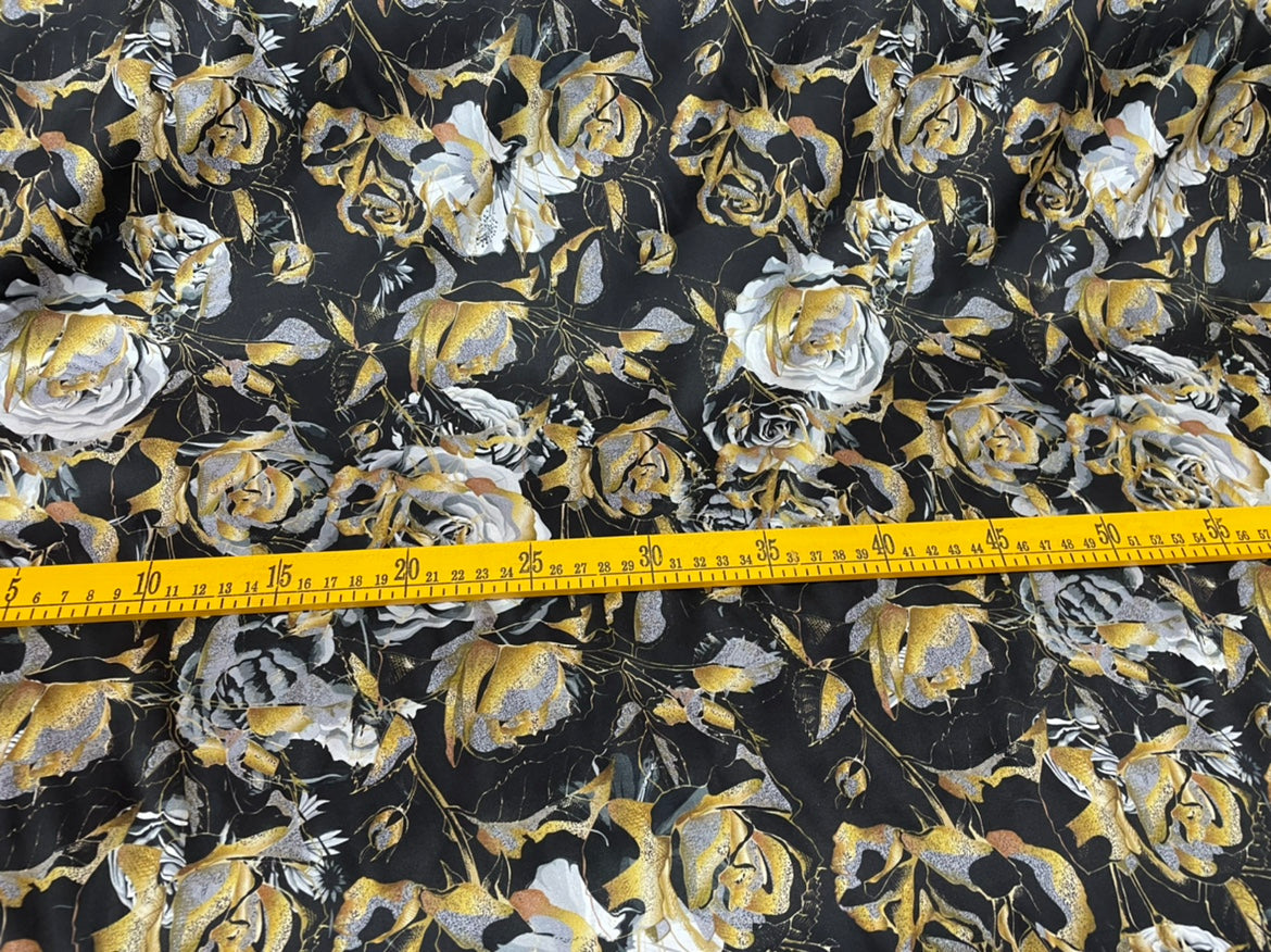 GOLDRO - 19 Momme Big Golden Rose on Black Background Pattern Digital Print Stretch Silk Satin Fabric - 140cm wide by the Yard