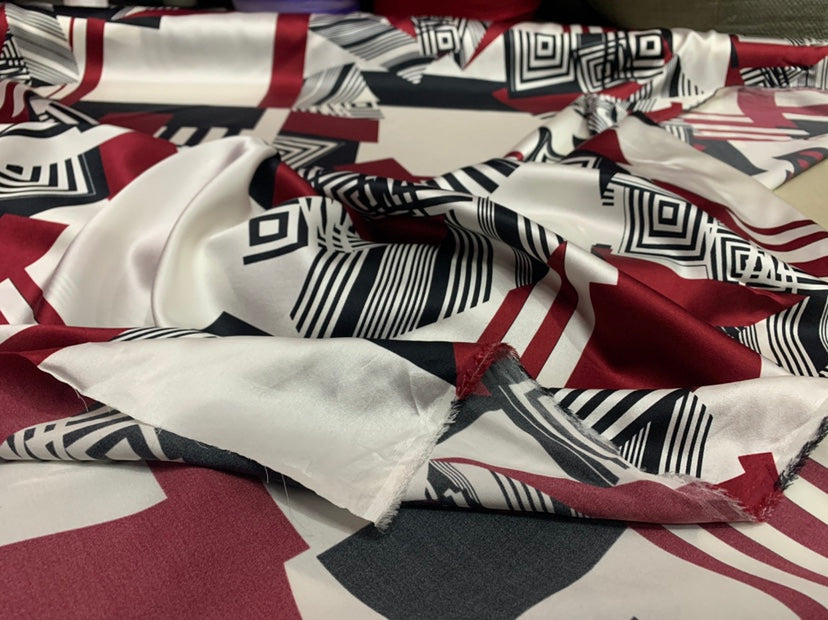 HANGIU - 19 Momme Stylish Geometry Pattern Digital Print Stretch Silk Satin Fabric - 140cm wide by the Yard
