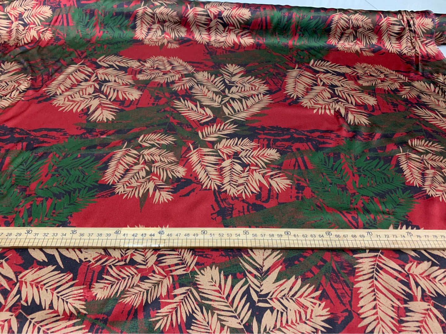 HONDIL - 19 Momme Red Background with Contrasting Leaves Pattern Digital Print Stretch Silk Satin Fabric - 108cm wide by the Yard