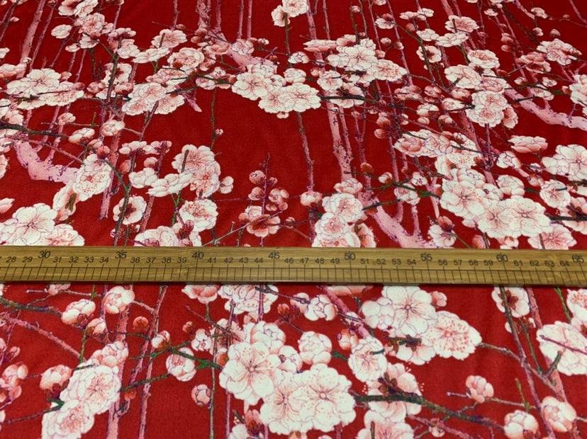 HONDME - 19 Momme Plum Blossoms on Branches Pattern Digital Print Stretch Silk Satin Fabric - 108cm wide by the Yard