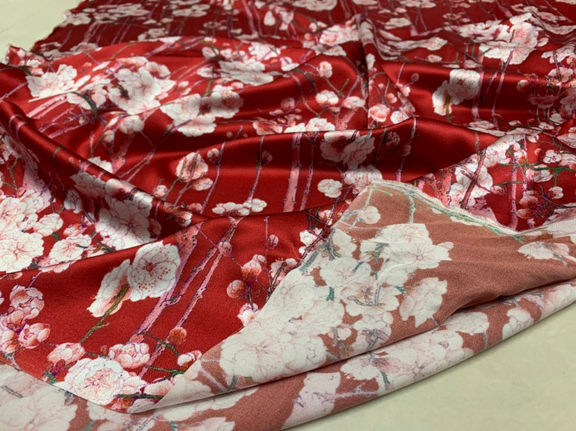 HONDME - 19 Momme Plum Blossoms on Branches Pattern Digital Print Stretch Silk Satin Fabric - 108cm wide by the Yard