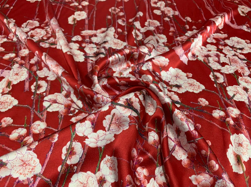 HONDME - 19 Momme Plum Blossoms on Branches Pattern Digital Print Stretch Silk Satin Fabric - 108cm wide by the Yard