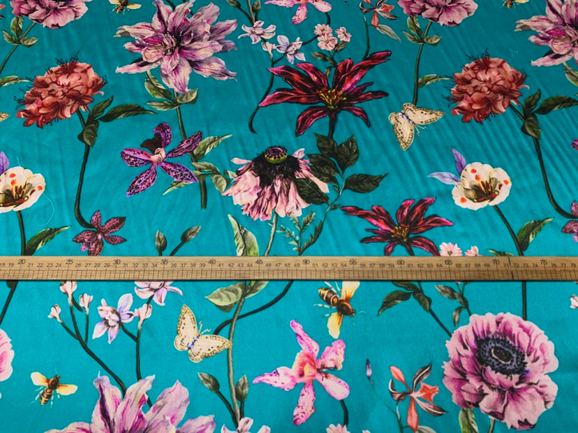HULANB - 19 Momme Lake Blue Background Flowers Pattern Digital Print Stretch Silk Satin Fabric - 108cm wide by the Yard