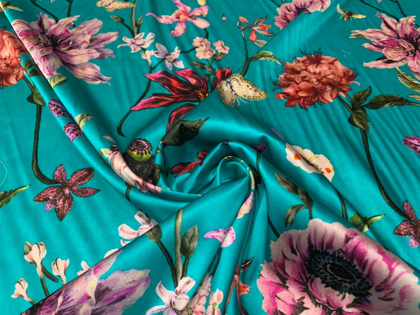 HULANB - 19 Momme Lake Blue Background Flowers Pattern Digital Print Stretch Silk Satin Fabric - 108cm wide by the Yard
