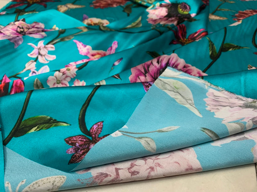 HULANB - 19 Momme Lake Blue Background Flowers Pattern Digital Print Stretch Silk Satin Fabric - 108cm wide by the Yard