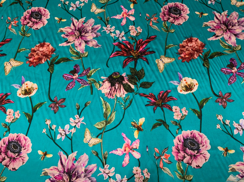 HULANB - 19 Momme Lake Blue Background Flowers Pattern Digital Print Stretch Silk Satin Fabric - 108cm wide by the Yard