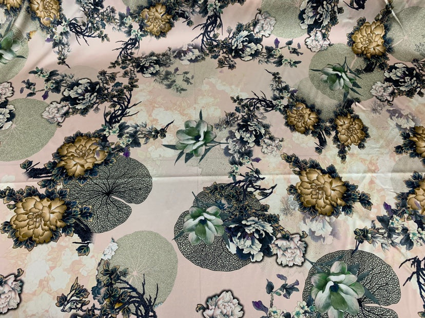 JINMUD - 19 Momme Elegant Flowers Pattern Digital Print Stretch Silk Satin Fabric - 140cm wide by the Yard