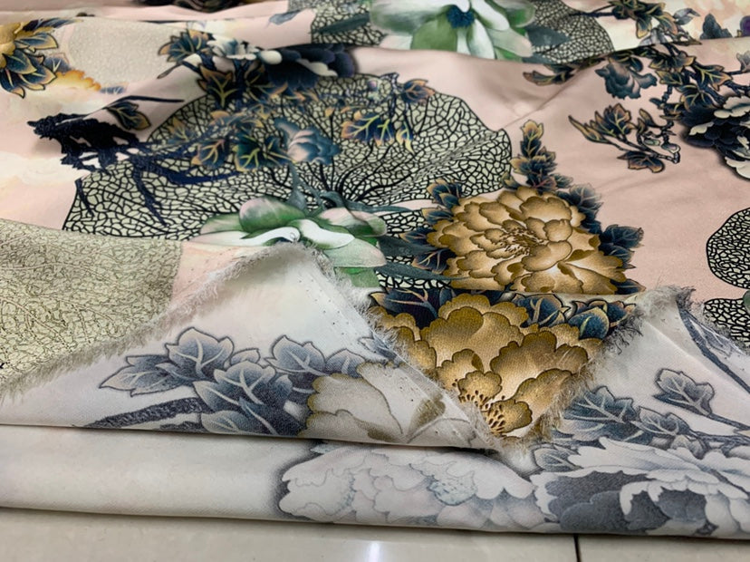 JINMUD - 19 Momme Elegant Flowers Pattern Digital Print Stretch Silk Satin Fabric - 140cm wide by the Yard