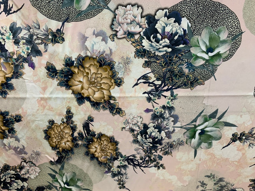 JINMUD - 19 Momme Elegant Flowers Pattern Digital Print Stretch Silk Satin Fabric - 140cm wide by the Yard