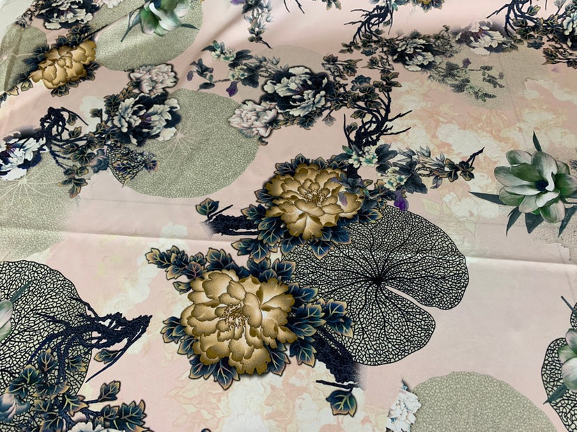 JINMUD - 19 Momme Elegant Flowers Pattern Digital Print Stretch Silk Satin Fabric - 140cm wide by the Yard