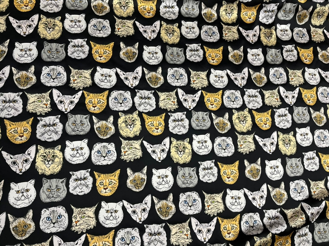 JUMAOL - 19 Momme Cool Cat Face Pattern Digital Print Sangbo Stretch Silk Satin Fabric - 140cm wide by the Yard