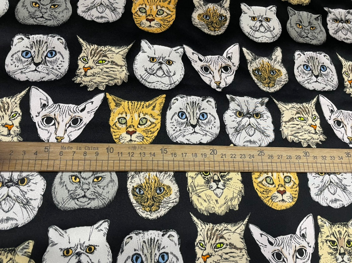 JUMAOL - 19 Momme Cool Cat Face Pattern Digital Print Sangbo Stretch Silk Satin Fabric - 140cm wide by the Yard