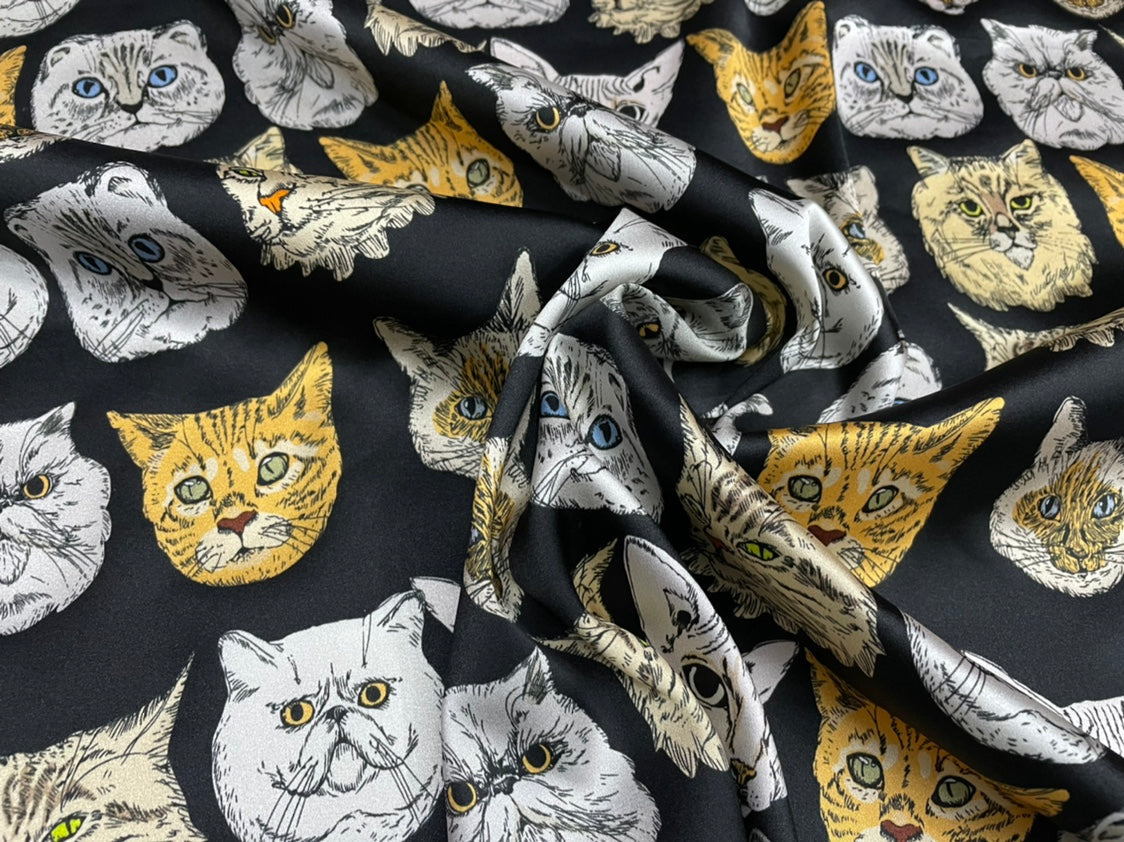 JUMAOL - 19 Momme Cool Cat Face Pattern Digital Print Sangbo Stretch Silk Satin Fabric - 140cm wide by the Yard