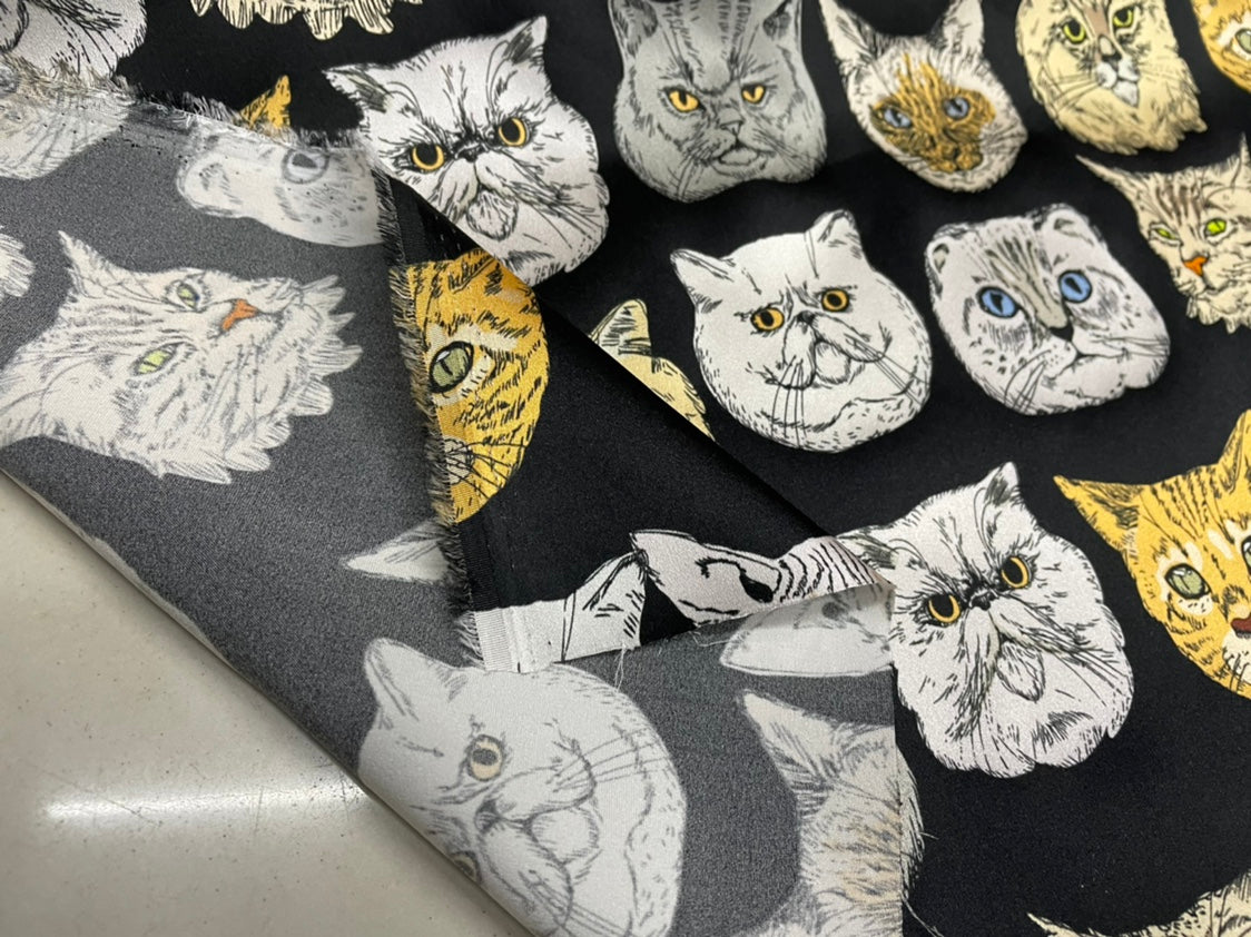 JUMAOL - 19 Momme Cool Cat Face Pattern Digital Print Sangbo Stretch Silk Satin Fabric - 140cm wide by the Yard