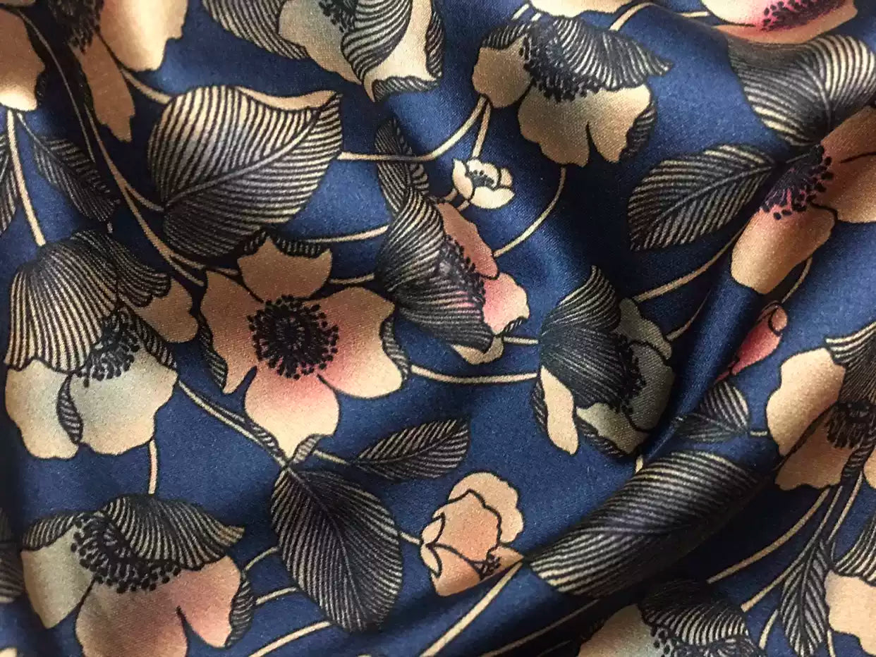 LITSUI - 19 Momme Flowers Pattern Digital Print Stretch Silk Satin Fabric - 140cm wide by the Yard