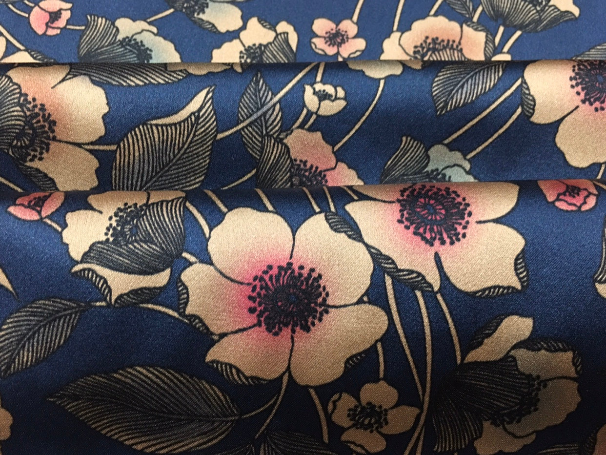 LITSUI - 19 Momme Flowers Pattern Digital Print Stretch Silk Satin Fabric - 140cm wide by the Yard