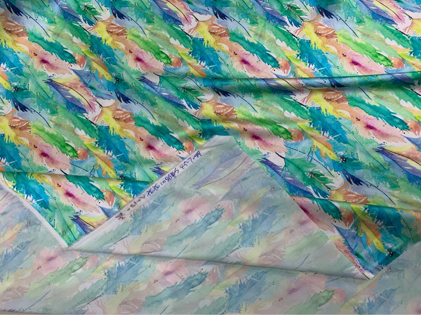 LUFEMA - 19 Momme Green and Pink Feathers Pattern Digital Print Stretch Silk Satin Fabric - 108cm wide by the Yard