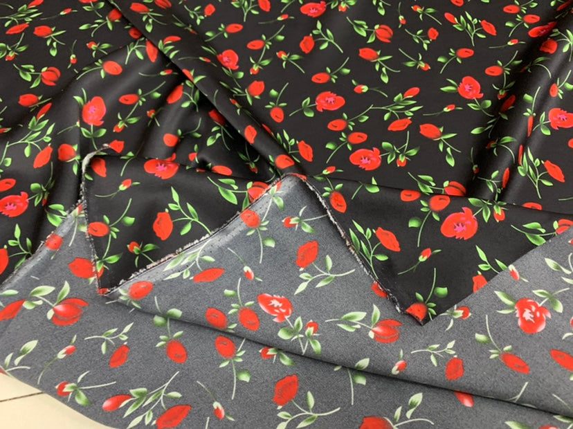 MEIROS - 19 Momme Rose Pattern Digital Print Stretch Silk Satin Fabric - 140cm wide by the Yard