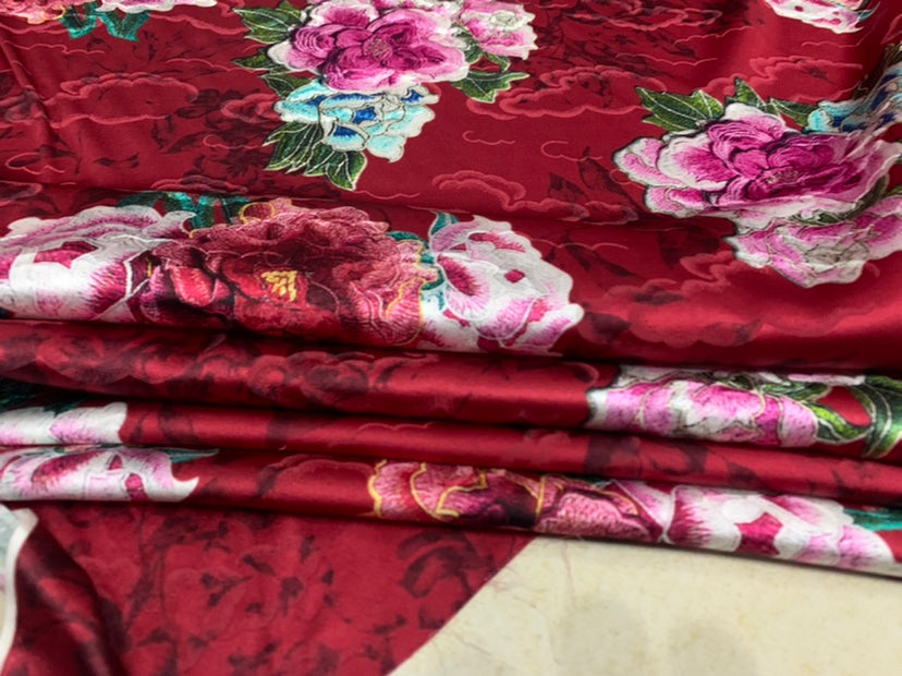 MUDATI - 19 Momme Flowers Pattern Digital Print Stretch Silk Satin Fabric - 120cm wide by the Yard