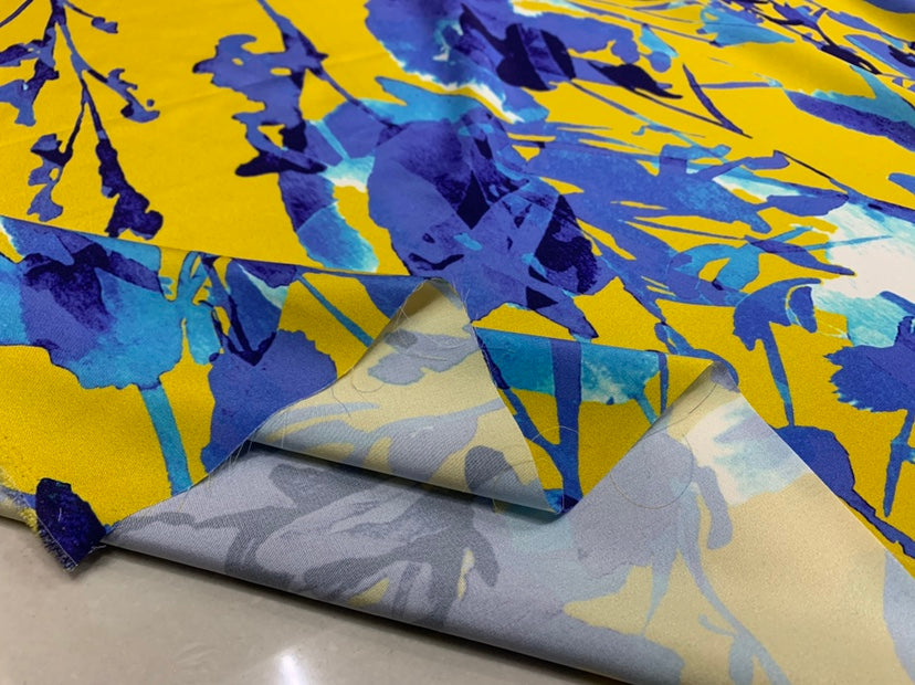 OMEIHL - 19 Momme Yellow and Blue Contrasting Colors Pattern Digital Print Stretch Silk Satin Fabric - 108cm wide by the Yard