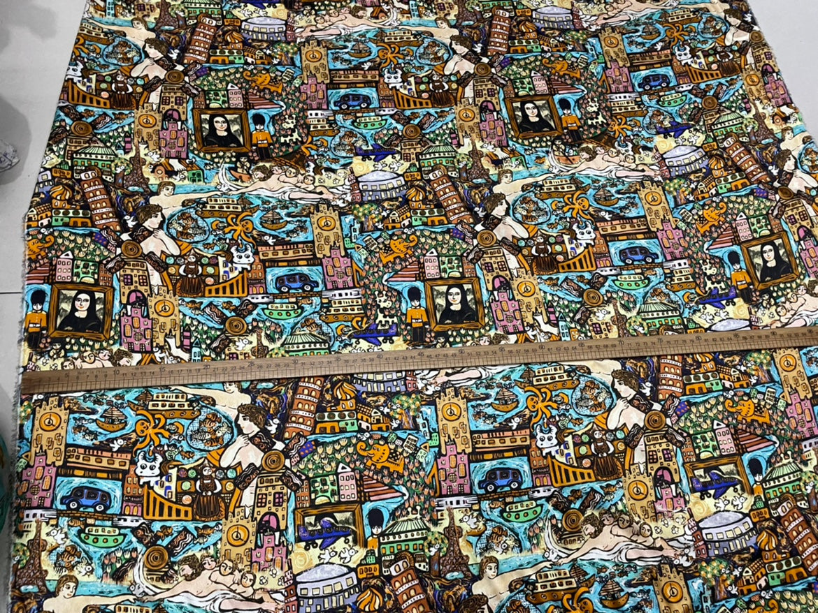 OSIWEN - 19 Momme Retro Style Cartoon Pattern Digital Print Stretch Silk Satin Fabric - 108cm wide by the Yard
