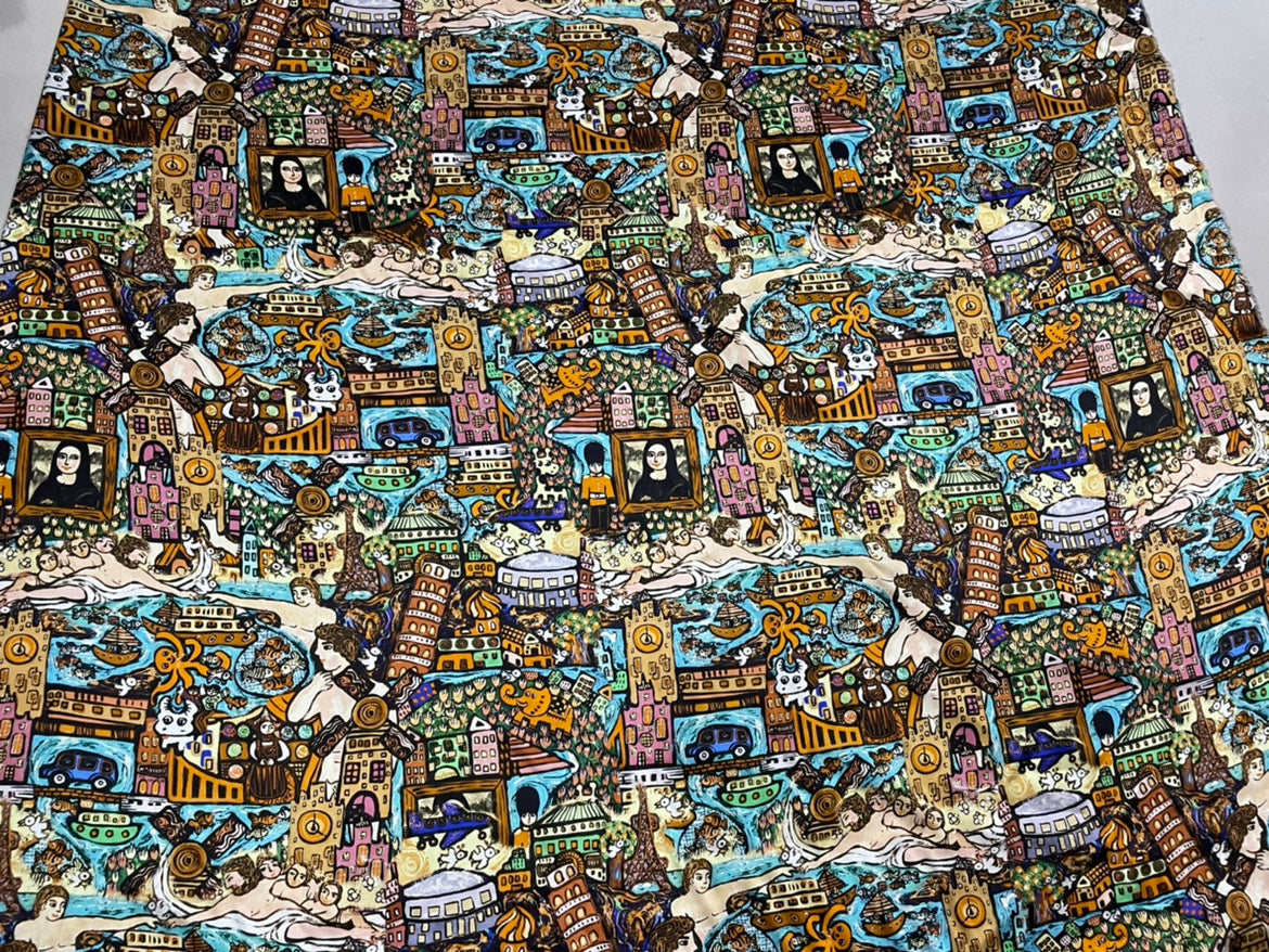 OSIWEN - 19 Momme Retro Style Cartoon Pattern Digital Print Stretch Silk Satin Fabric - 108cm wide by the Yard
