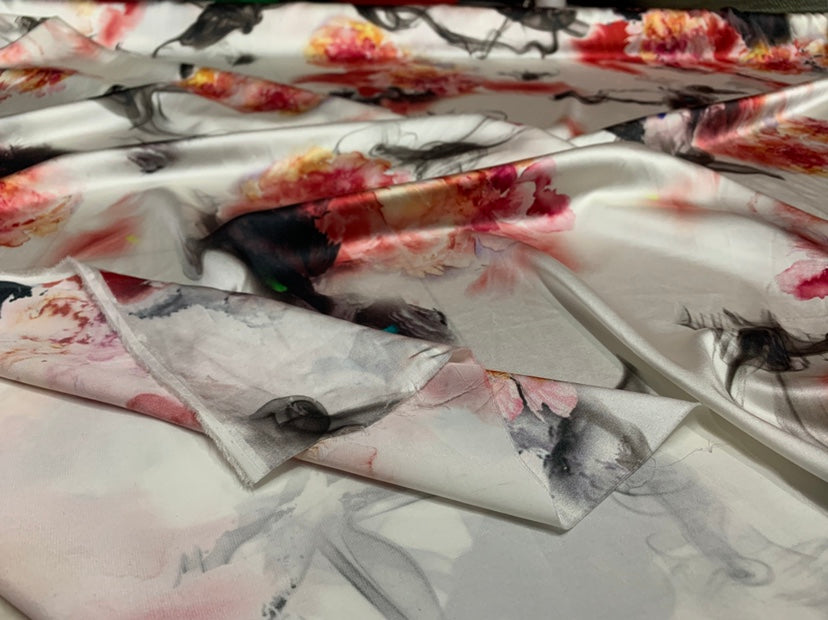 OUMEIH - 19 Momme Elegant Floral Pattern Digital Print Stretch Silk Satin Fabric - 140cm wide by the Yard