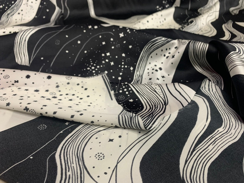 OUMGAO - 19 Momme Black Pattern Digital Print Stretch Silk Satin Fabric - 140cm wide by the Yard