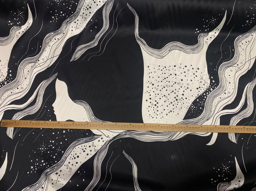 OUMGAO - 19 Momme Black Pattern Digital Print Stretch Silk Satin Fabric - 140cm wide by the Yard
