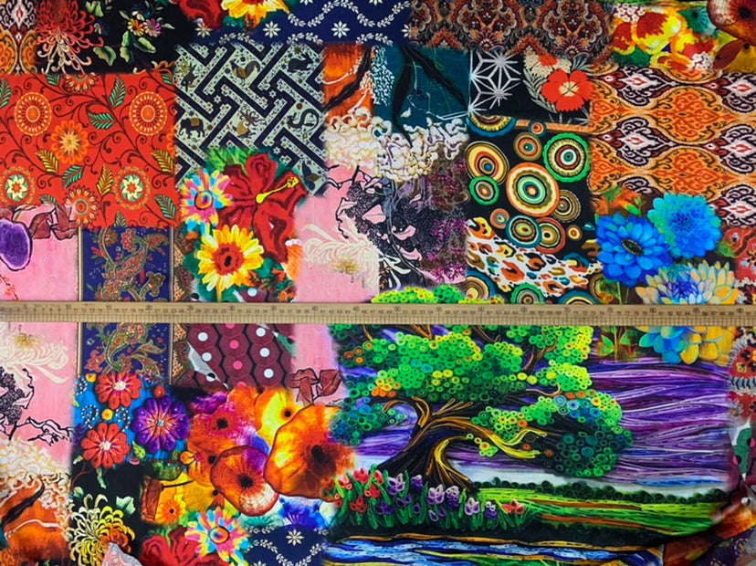 PINJIE - 19 Momme Splicing Flower Pattern Digital Print Stretch Silk Satin Fabric - 108cm wide by the Yard