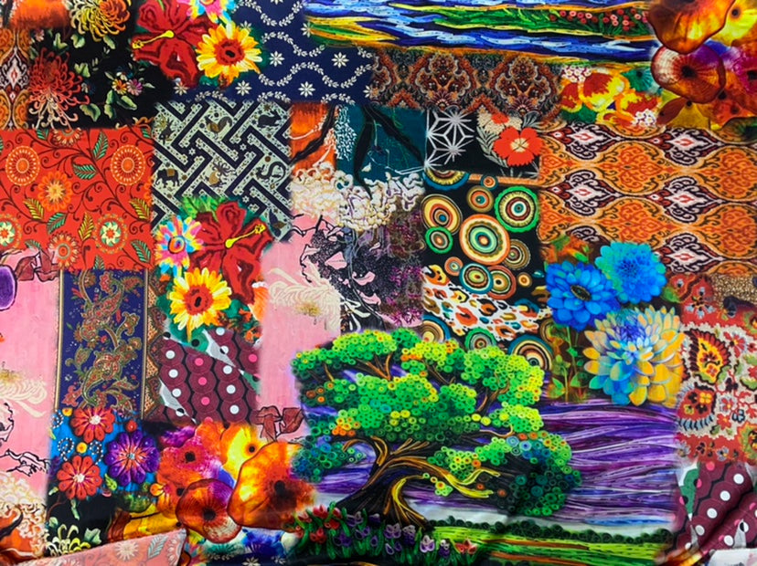 PINJIE - 19 Momme Splicing Flower Pattern Digital Print Stretch Silk Satin Fabric - 108cm wide by the Yard
